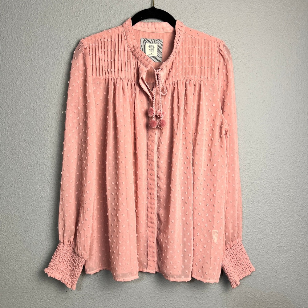 GOOD HART by Matilda Jane Pink Swiss Dot Pintuck Tassel Tie Neck Blouse Top M